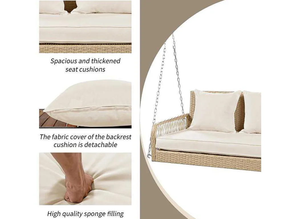 114 Cm Hangstoel In Pe Rotan - 2 Plaatsen - 11 Cm Gewatteerd Zitkussen - Beige-Vente-unique Outlet