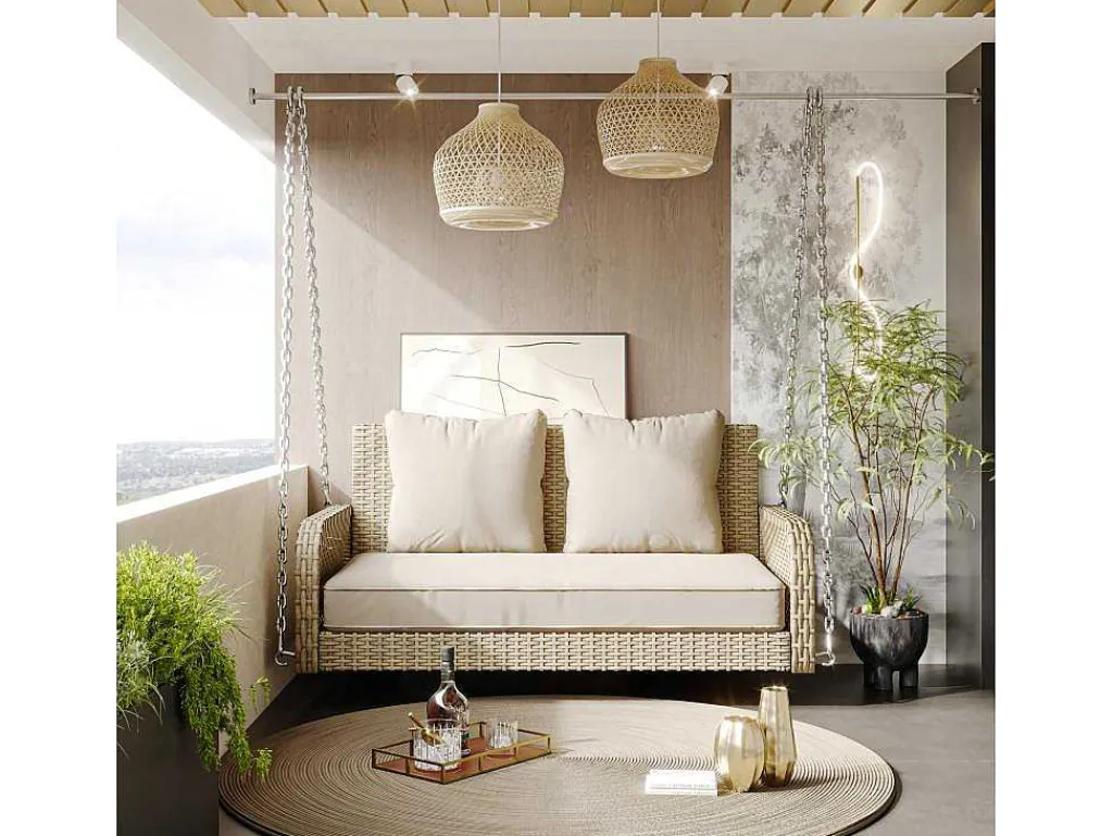 114 Cm Hangstoel In Pe Rotan - 2 Plaatsen - 11 Cm Gewatteerd Zitkussen - Beige-Vente-unique Outlet