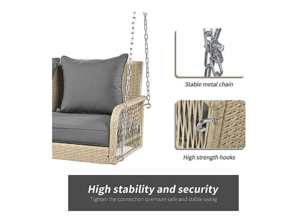 114 Cm Hangstoel In Pe Rotan - 2 Plaatsen - 11 Cm Gecapitonneerd Zitkussen - Beige + Grijs-Vente-unique Discount