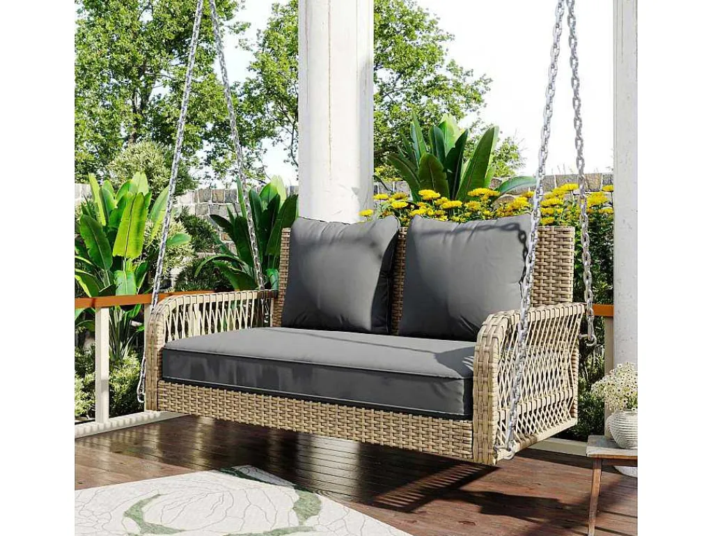 114 Cm Hangstoel In Pe Rotan - 2 Plaatsen - 11 Cm Gecapitonneerd Zitkussen - Beige + Grijs-Vente-unique Discount