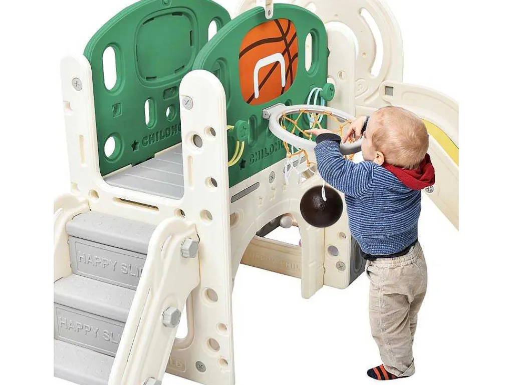 4 In 1 Glijbaan - Met Trap, Opbergruimte, Basketbalring - Groen-ModernLuxe Online