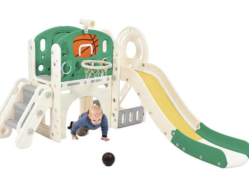4 In 1 Glijbaan - Met Trap, Opbergruimte, Basketbalring - Groen-ModernLuxe Online
