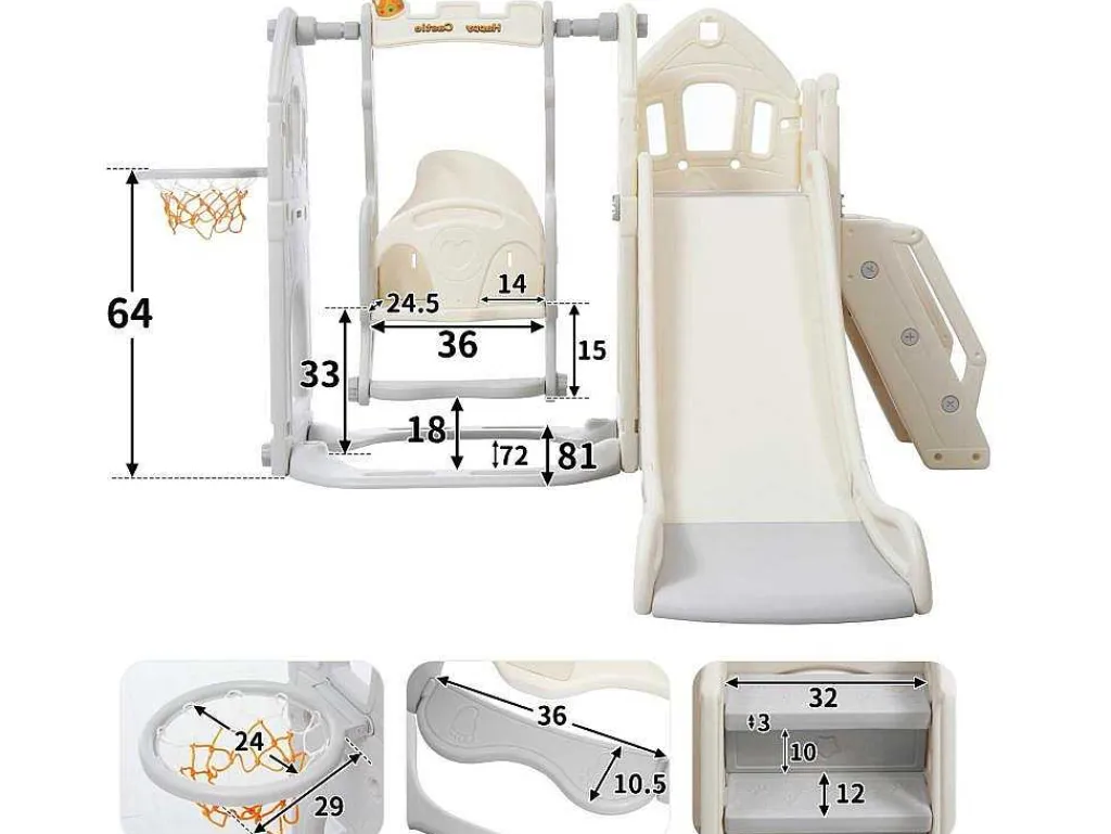 5 In 1 Glijbaan - Met Trap, Schommel, Opbergruimte, Basketbalring - Lichtgrijs-ModernLuxe New