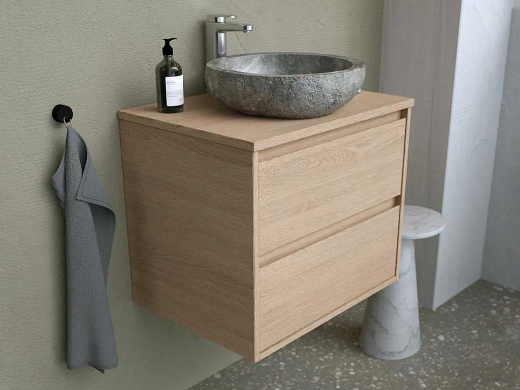 Badkamermeubel Met Opzetwastafel Van Steen - Eikenfineer - 60 Cm - Milipam-Vente-unique Sale