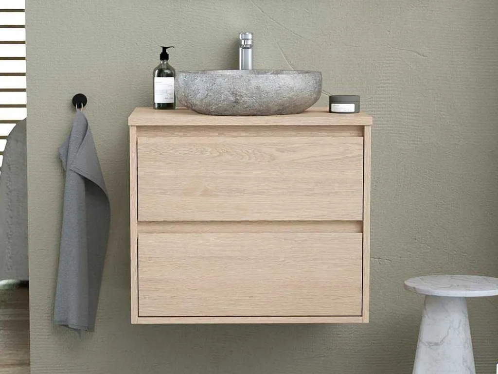 Badkamermeubel Met Opzetwastafel Van Steen - Eikenfineer - 60 Cm - Milipam-Vente-unique Sale