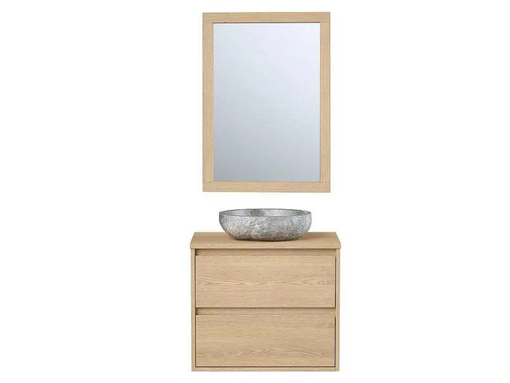 Badkamermeubel Met Opzetwastafel Van Steen Met Spiegel - Eikenfineer - 60 Cm - Milipam-Vente-unique Hot