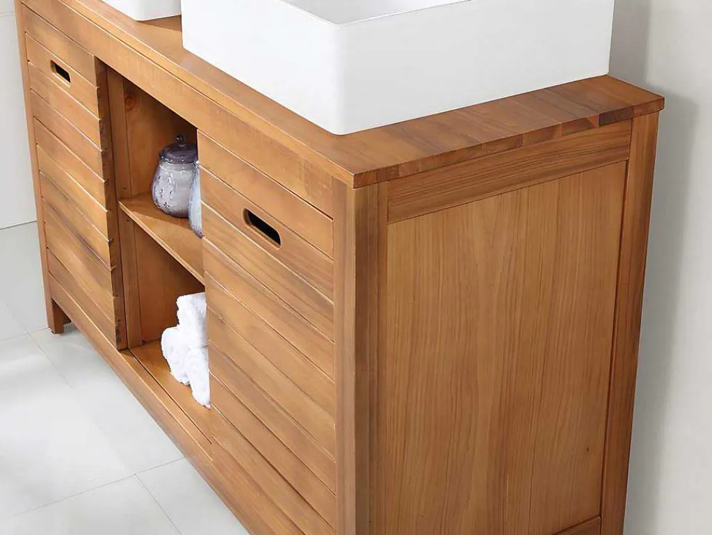Badkamermeubel Van Acaciahout Met Dubbele Wastafel En Spiegels - 130 Cm - Pulukan-Vente-unique Discount