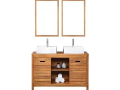 Badkamermeubel Van Acaciahout Met Dubbele Wastafel En Spiegels - 130 Cm - Pulukan-Vente-unique Discount