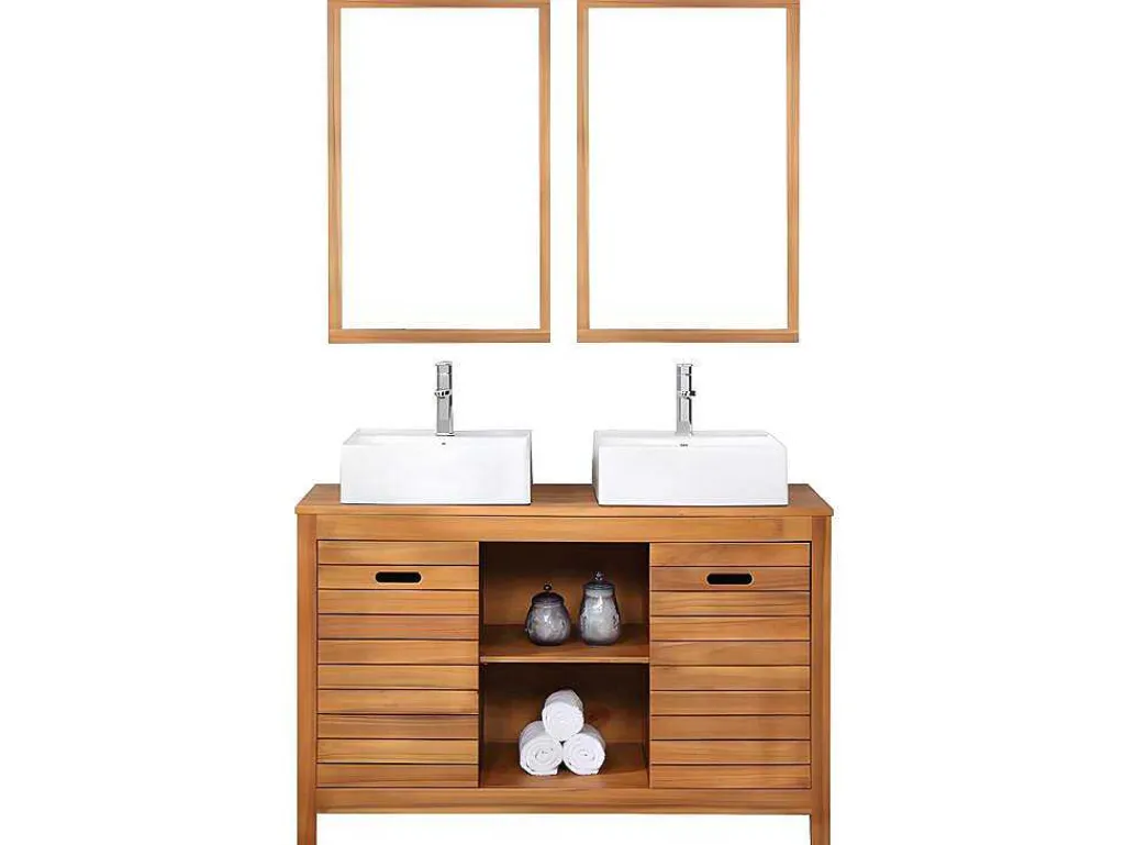 Badkamermeubel Van Acaciahout Met Dubbele Wastafel En Spiegels - 130 Cm - Pulukan-Vente-unique Discount