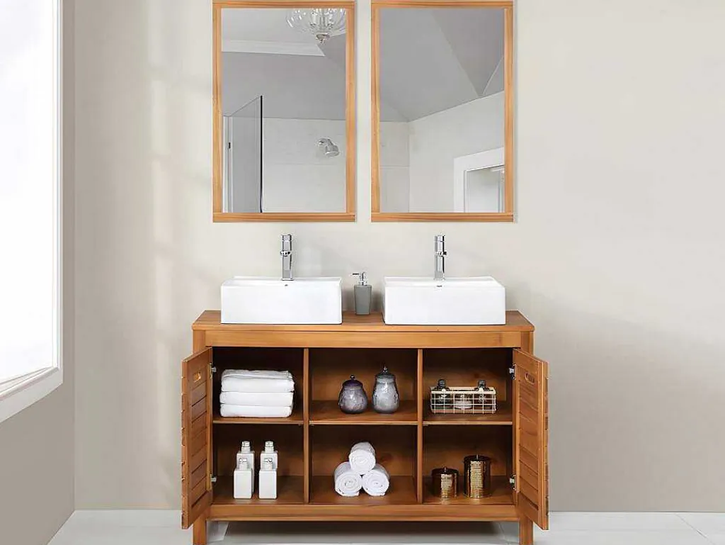 Badkamermeubel Van Acaciahout Met Dubbele Wastafel En Spiegels - 130 Cm - Pulukan-Vente-unique Discount