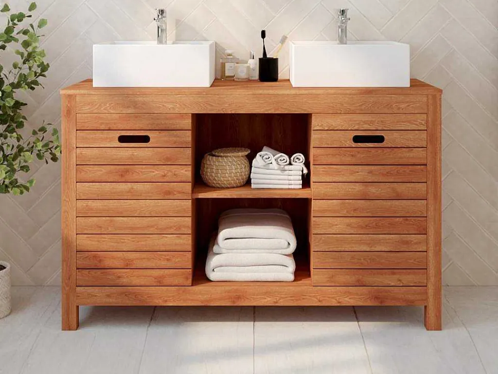Badkamermeubel Van Acaciahout Met Enkele Wastafel - 130 Cm - Pulukan-Vente-unique Online