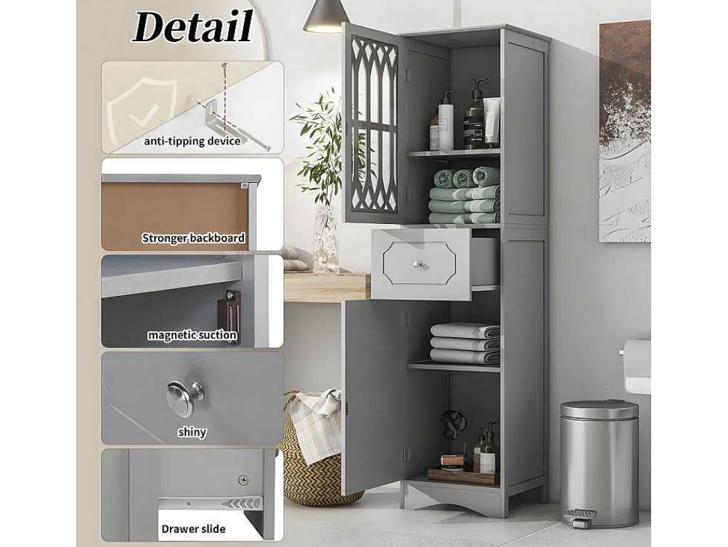 Badkamerzuil - 1 Lade En 2 Deuren - Verstelbare Planken - Grijs-ModernLuxe Clearance