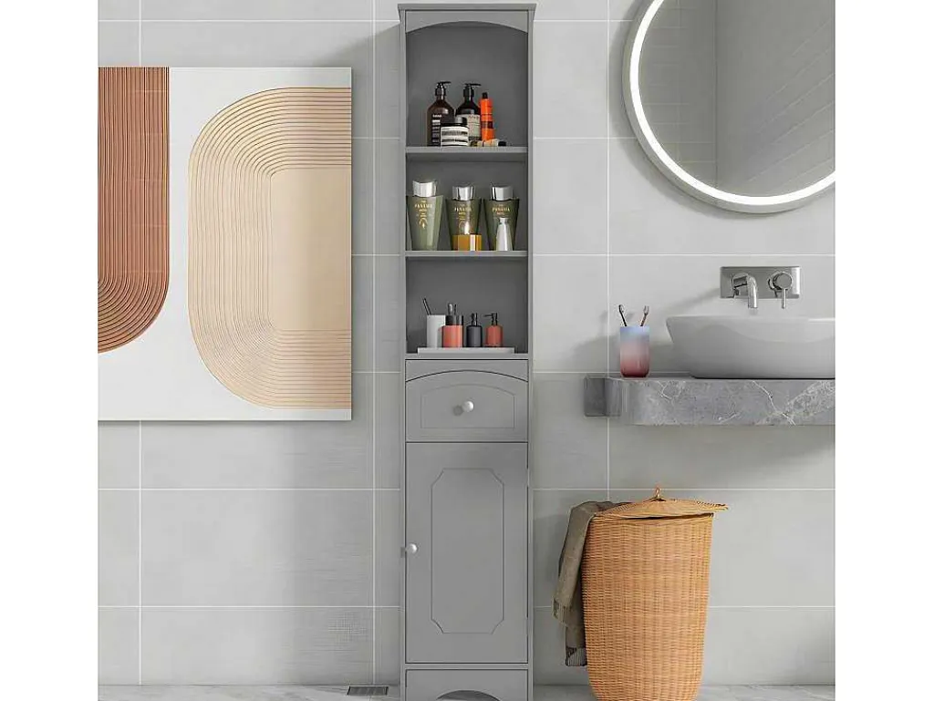 Badkamerzuil - H 170 Cm - Met 1 Lade En Verstelbare Planken - Grijs-ModernLuxe Clearance