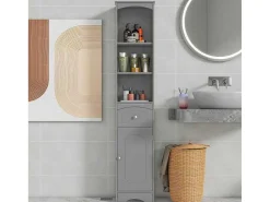 Badkamerzuil Met 1 Lade En 5 Verstelbare Planken - Grijs - 34 X 24 X 170 Cm-Vente-unique