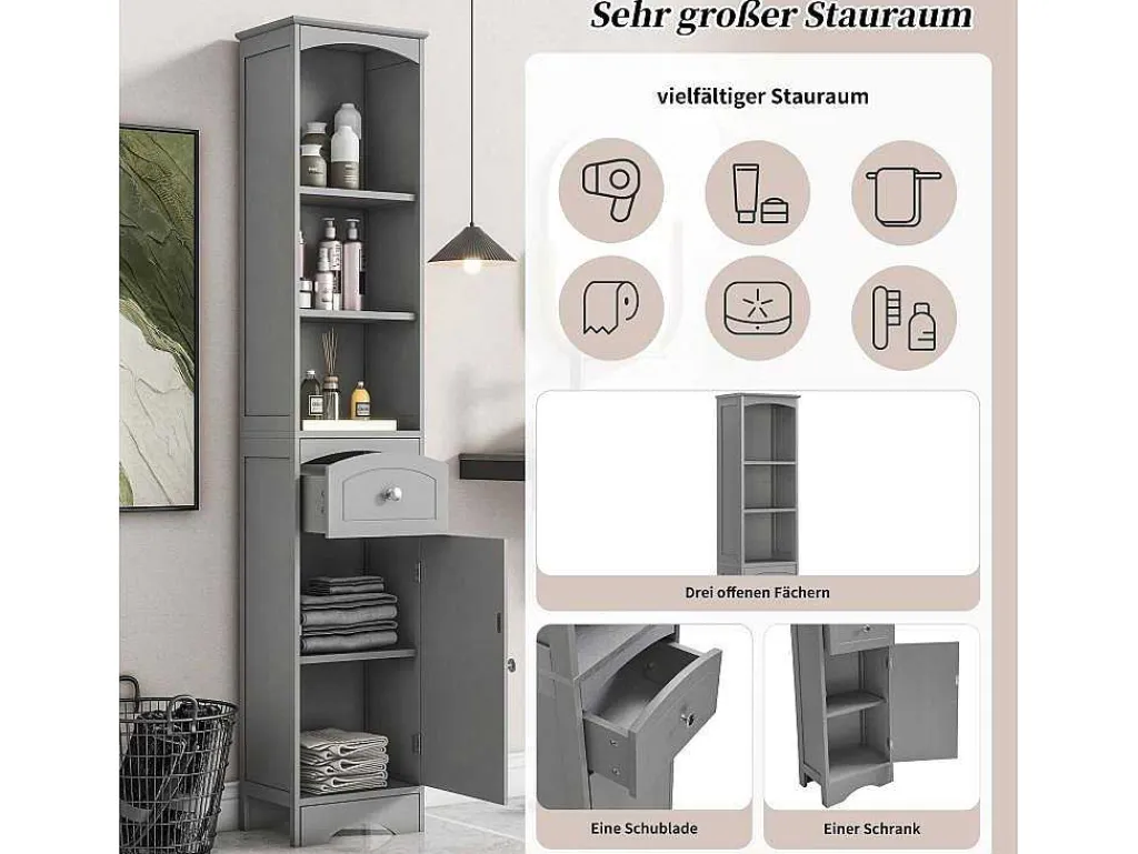 Badkamerzuil Met 1 Lade En 5 Verstelbare Planken - Grijs - 34 X 24 X 170 Cm-Vente-unique