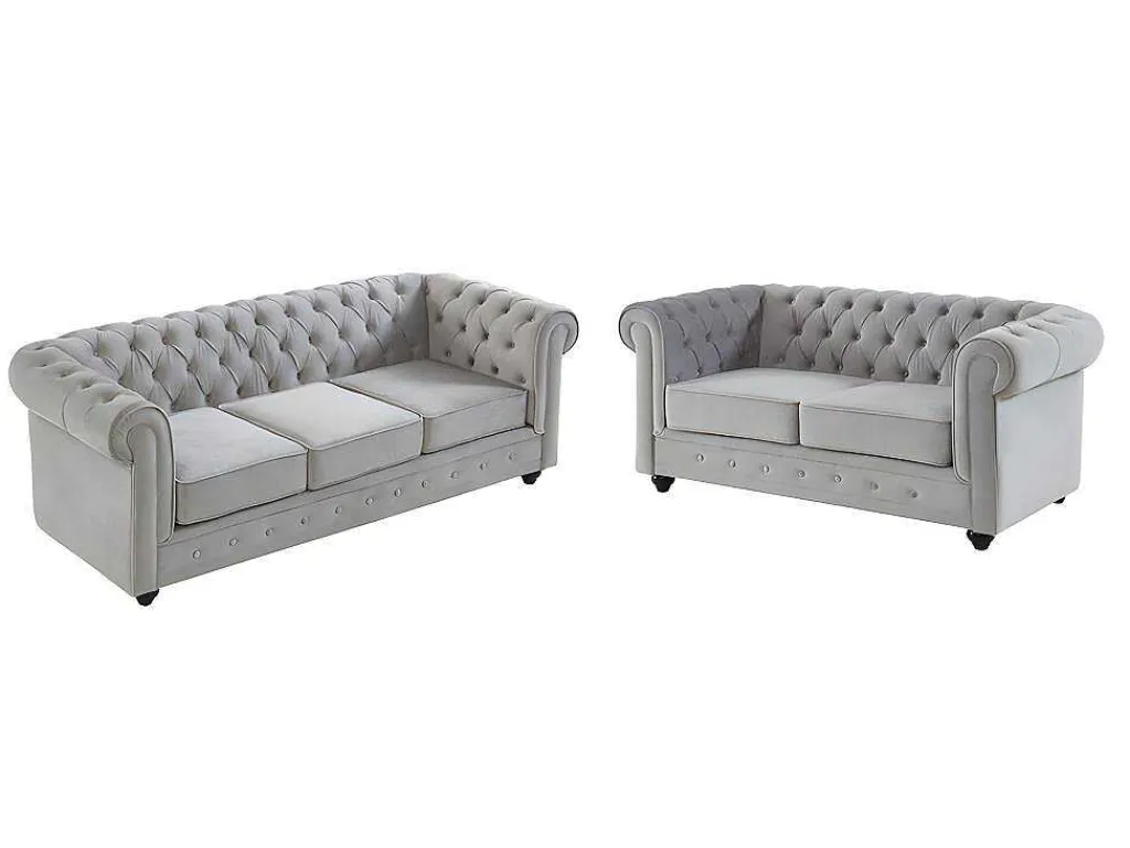 Bankstel Chesterfield - Fluweel - Lichtgrijs-Vente-unique Best