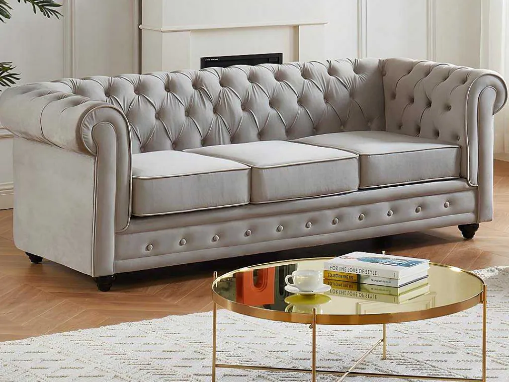 Bankstel Chesterfield - Fluweel - Lichtgrijs-Vente-unique Best
