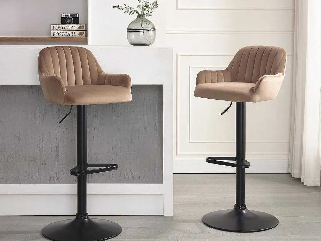 Barkruk Van Velours En Zwart Metaal - Verstelbare Hoogte - Beige - Eleana-Vente-unique Hot