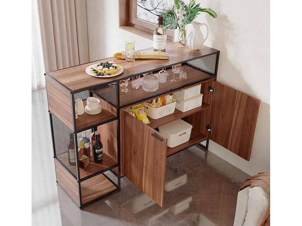 Barmeubel, Laag Dressoir - 2 Deuren En 4 Nissen - Mdf - Industriele Stijl - Kleuren: Bruin En Zwart-Vente-unique New