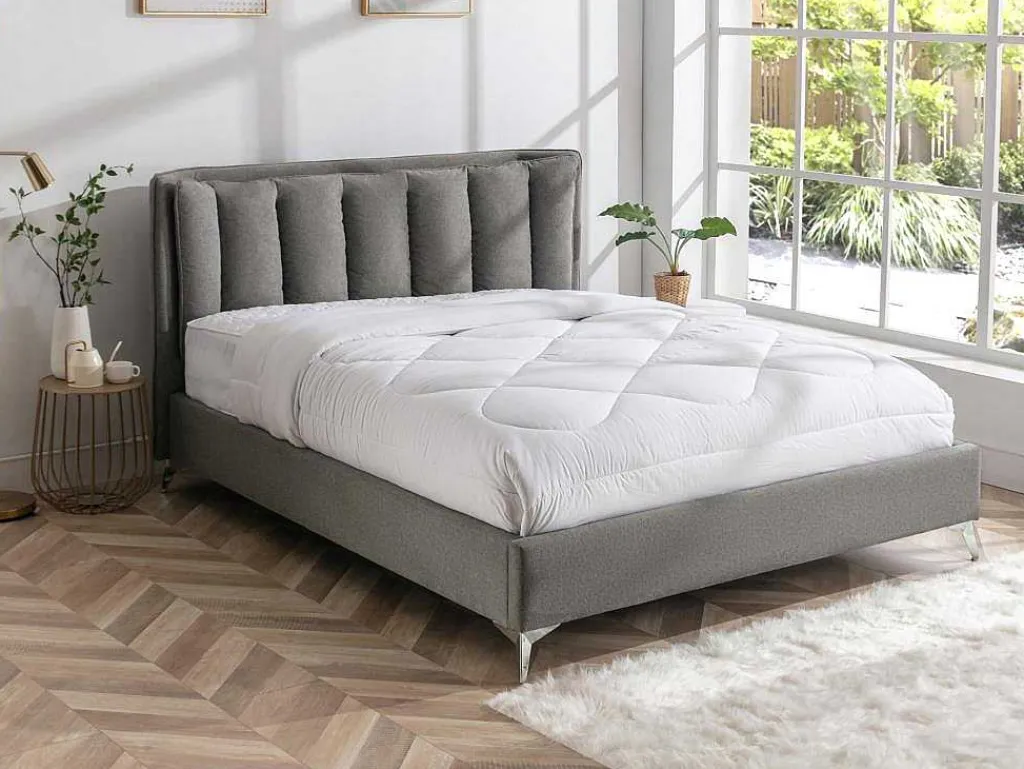 Bed 160 X 200 Cm Met Gewatteerd Hoofdbord - Stof - Grijs - Funiti-Vente-unique Online
