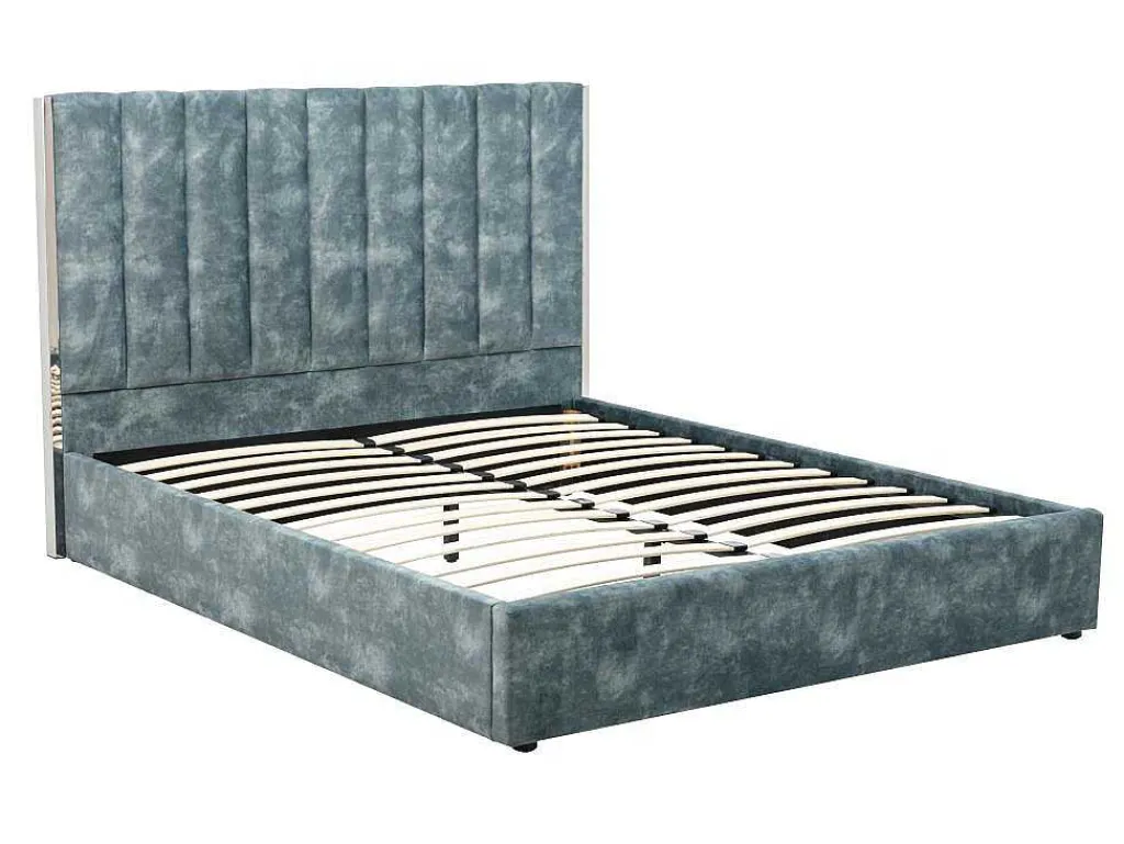 Bed 140 X 190 Cm Met Hoofdbord Met Verticale Stiksels - Velours - Groenblauw - Feroya-Vente-unique
