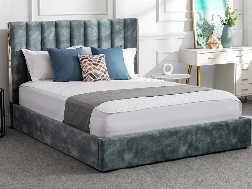 Bed 140 X 190 Cm Met Hoofdbord Met Verticale Stiksels - Velours - Groenblauw - Feroya-Vente-unique