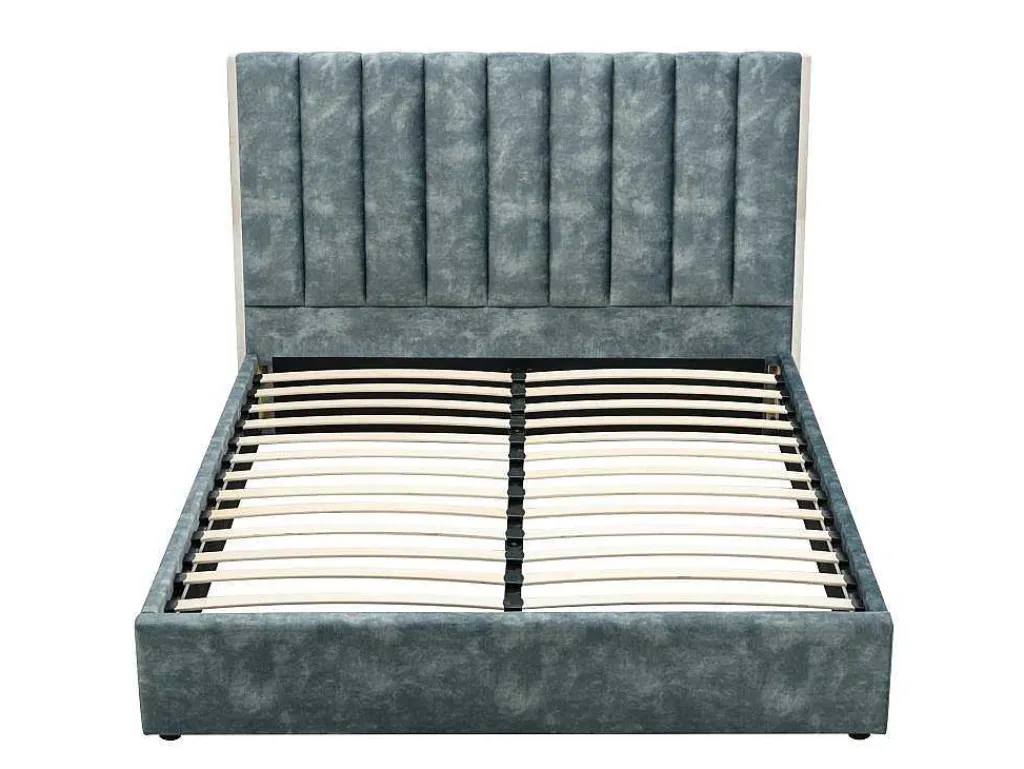 Bed 140 X 190 Cm Met Hoofdbord Met Verticale Stiksels - Velours - Groenblauw - Feroya-Vente-unique