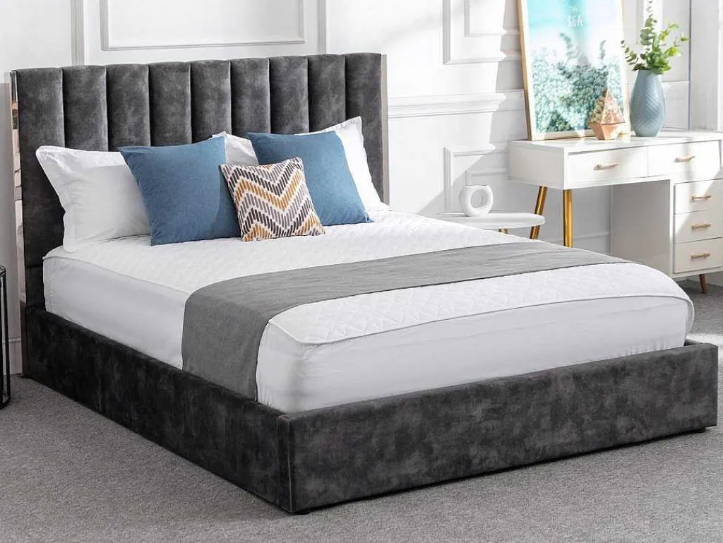 Bed 160 X 200 Cm Met Hoofdbord Met Verticale Stiksels - Velours - Antraciet - Feroya-Vente-unique Best
