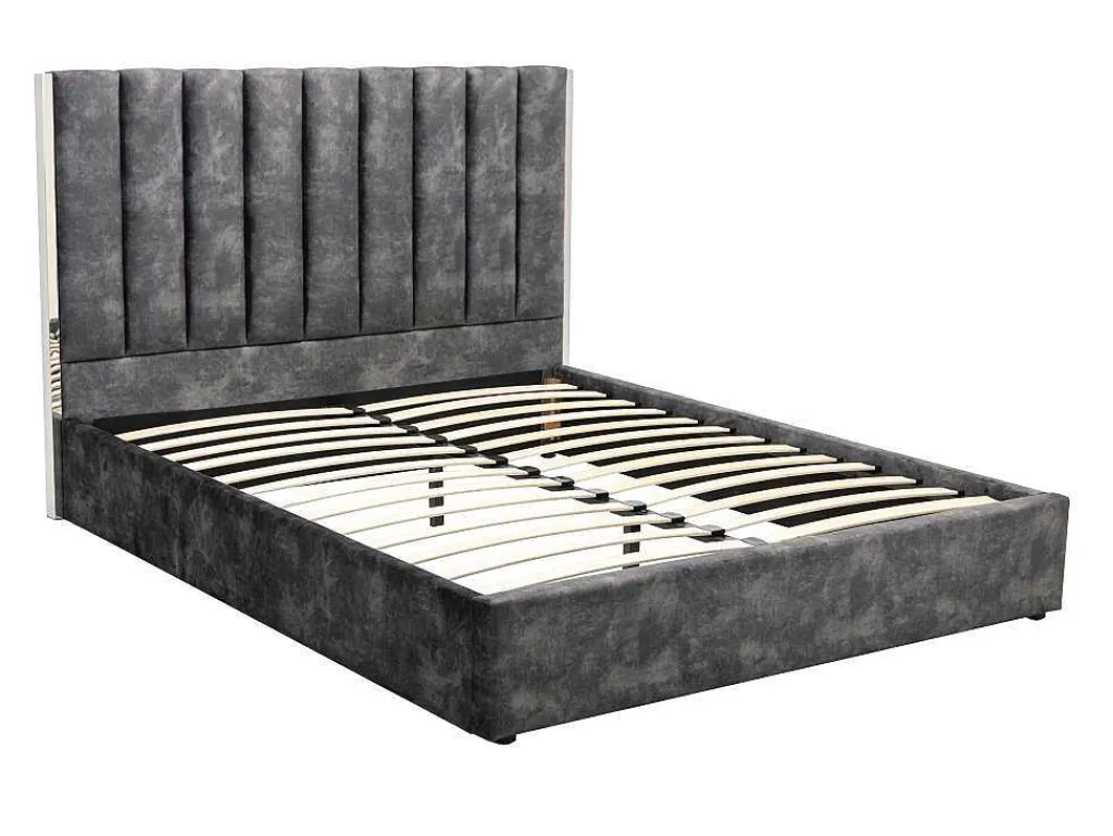 Bed 160 X 200 Cm Met Hoofdbord Met Verticale Stiksels - Velours - Antraciet - Feroya-Vente-unique Best