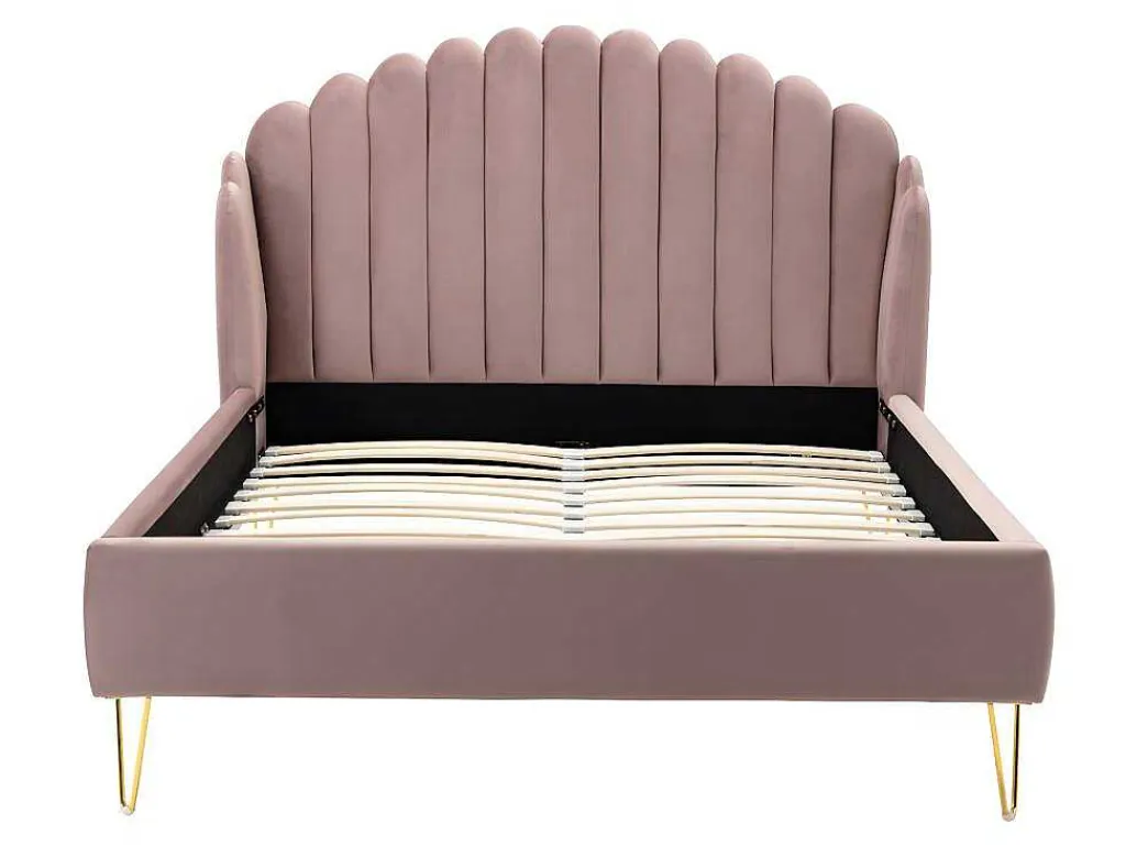 Bed 140 X 190 Cm Met Hoofdbord Met Golfpatroon - Velours - Oudroze + Matras - Sagali-Vente-unique Discount