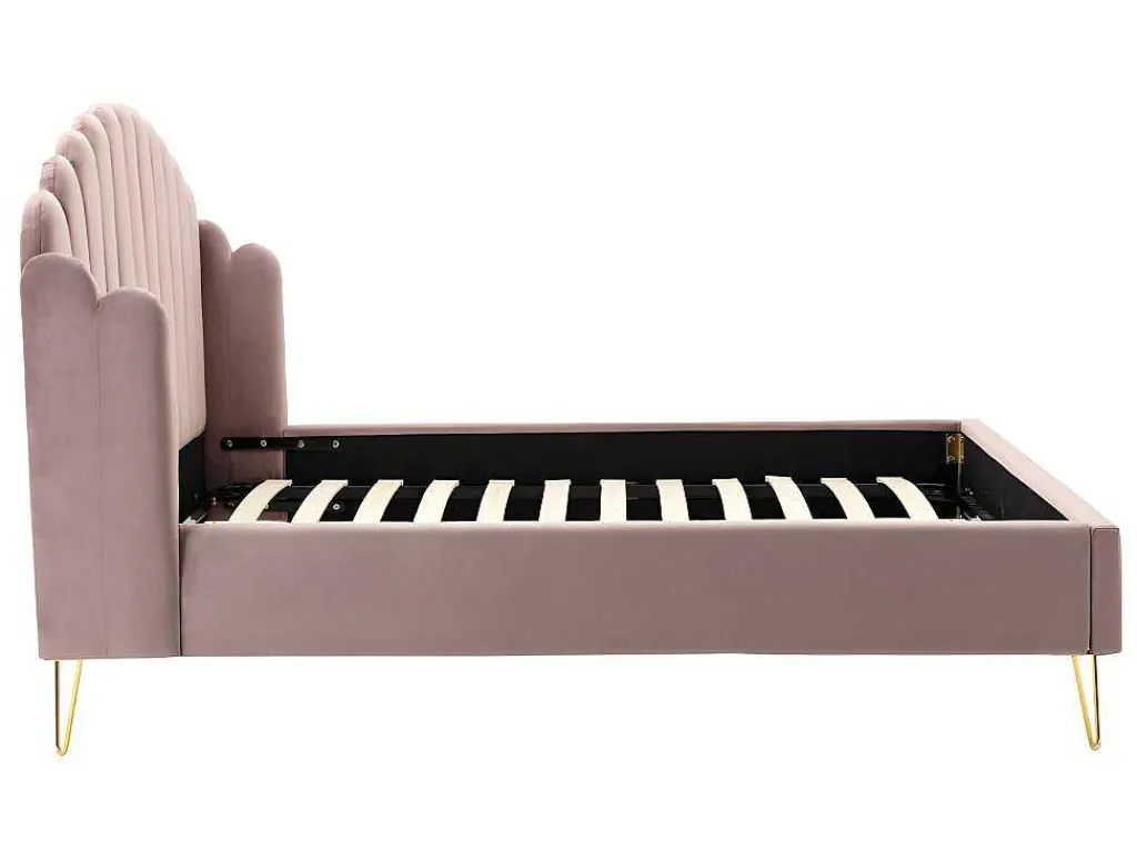 Bed 140 X 190 Cm Met Hoofdbord Met Golfpatroon - Velours - Oudroze + Matras - Sagali-Vente-unique Discount