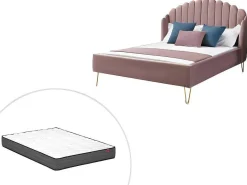 Bed 140 X 190 Cm Met Hoofdbord Met Golfpatroon - Velours - Oudroze + Matras - Sagali-Vente-unique Discount