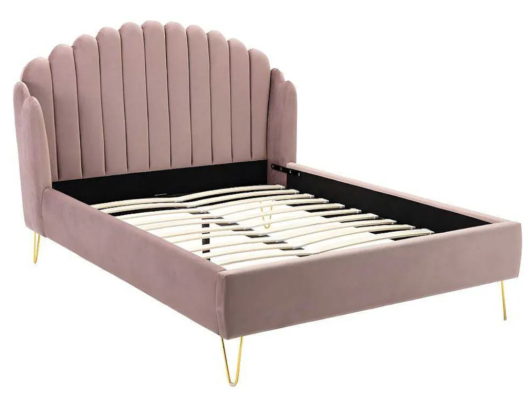 Bed 140 X 190 Cm Met Hoofdbord Met Golfpatroon - Velours - Oudroze + Matras - Sagali-Vente-unique Discount