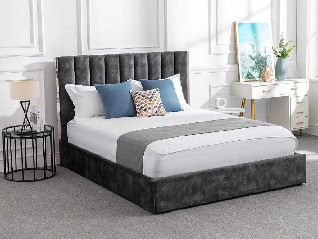 Bed 140 X 190 Cm Met Hoofdbord Met Verticale Stiksels - Velours - Antraciet - Feroya-Vente-unique Hot