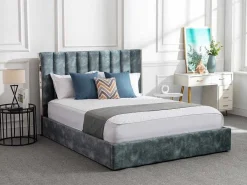 Bed 140 X 190 Cm Met Hoofdbord Met Verticale Stiksels - Velours - Groenblauw + Matras - Feroya-Vente-unique Clearance