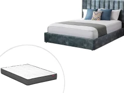 Bed 140 X 190 Cm Met Hoofdbord Met Verticale Stiksels - Velours - Groenblauw + Matras - Feroya-Vente-unique Clearance