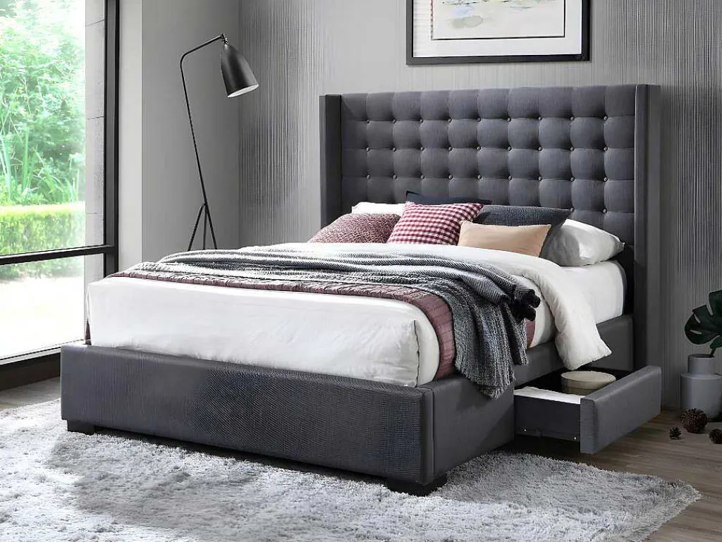 Bed Gewatteerd Hoofdbord - Met Laden - 160 X 200 Cm - Stof Grijs - Leonce-Vente-unique Clearance