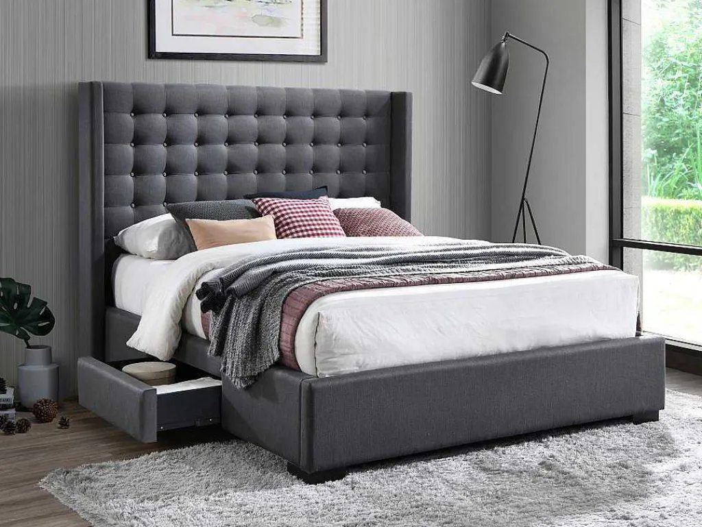 Bed Gewatteerd Hoofdbord - Met Laden - 160 X 200 Cm - Stof Grijs - Leonce-Vente-unique Clearance