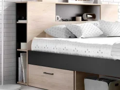 Bed Leandre Met Hoofdeinde, Opbergruimte En Lades - 160 X 200 Cm - Kleur: Eiken En Antraciet-Vente-unique Clearance