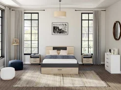 Bed Leandre Met Hoofdeinde, Opbergruimte En Lades - 160 X 200 Cm - Kleur: Eiken En Antraciet-Vente-unique Clearance