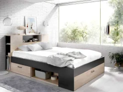 Bed Leandre Met Hoofdeinde, Opbergruimte En Lades - 160 X 200 Cm - Kleur: Eiken En Antraciet-Vente-unique Clearance