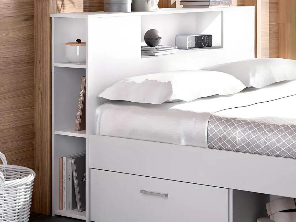 Bed Leandre Met Hoofdeinde, Opbergruimte En Lades - 160 X 200 Cm - Kleur: Wit-Vente-unique Discount