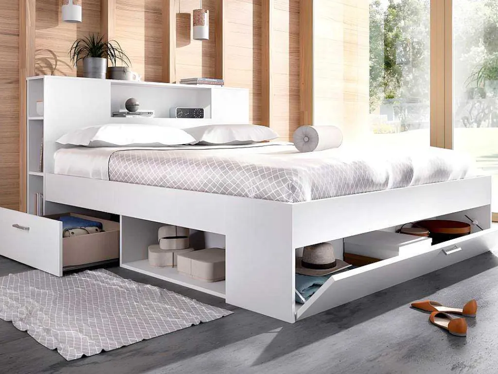 Bed Leandre Met Hoofdeinde, Opbergruimte En Lades - 160 X 200 Cm - Kleur: Wit-Vente-unique Discount
