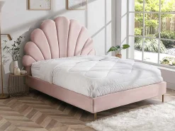Bed Met Hoofdeinde In Schelpvorm - 160 X 200 Cm - Fluweel - Roze - Livaya-Vente-unique
