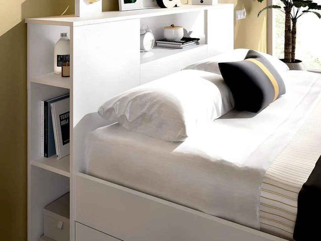 Bed Met Hoofdeinde Met Opbergruimte En Lades - 140 X 190 Cm - Kleur: Wit + Bedbodem + Matras - Leandre-Vente-unique Best