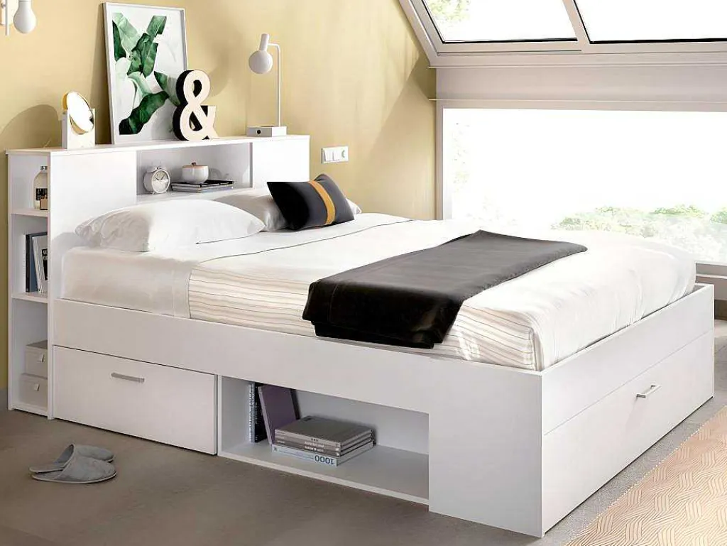 Bed Met Hoofdeinde Met Opbergruimte En Lades - 140 X 190 Cm - Kleur: Wit + Bedbodem + Matras - Leandre-Vente-unique Best