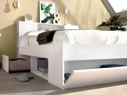 Bed Met Hoofdeinde Met Opbergruimte En Lades - 140 X 190 Cm - Kleur: Wit + Bedbodem + Matras - Leandre-Vente-unique Best
