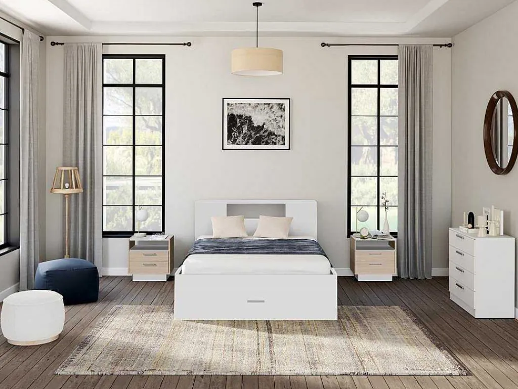Bed Met Hoofdeinde Met Opbergruimte En Lades - 140 X 190 Cm - Kleur: Wit + Bedbodem + Matras - Leandre-Vente-unique Best