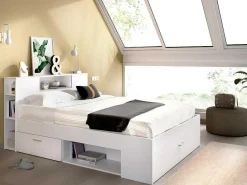 Bed Met Hoofdeinde Met Opbergruimte En Lades - 140 X 190 Cm - Kleur: Wit + Bedbodem + Matras - Leandre-Vente-unique Best