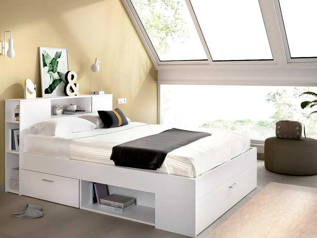 Bed Met Hoofdeinde Met Opbergruimte En Lades - 140 X 190 Cm - Kleur: Wit + Bedbodem + Matras - Leandre-Vente-unique Best